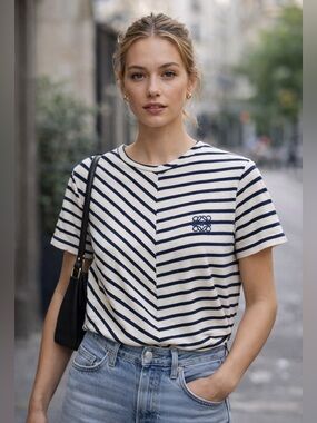 Loewe Cream and Navy Striped Short-Sleeve Tee